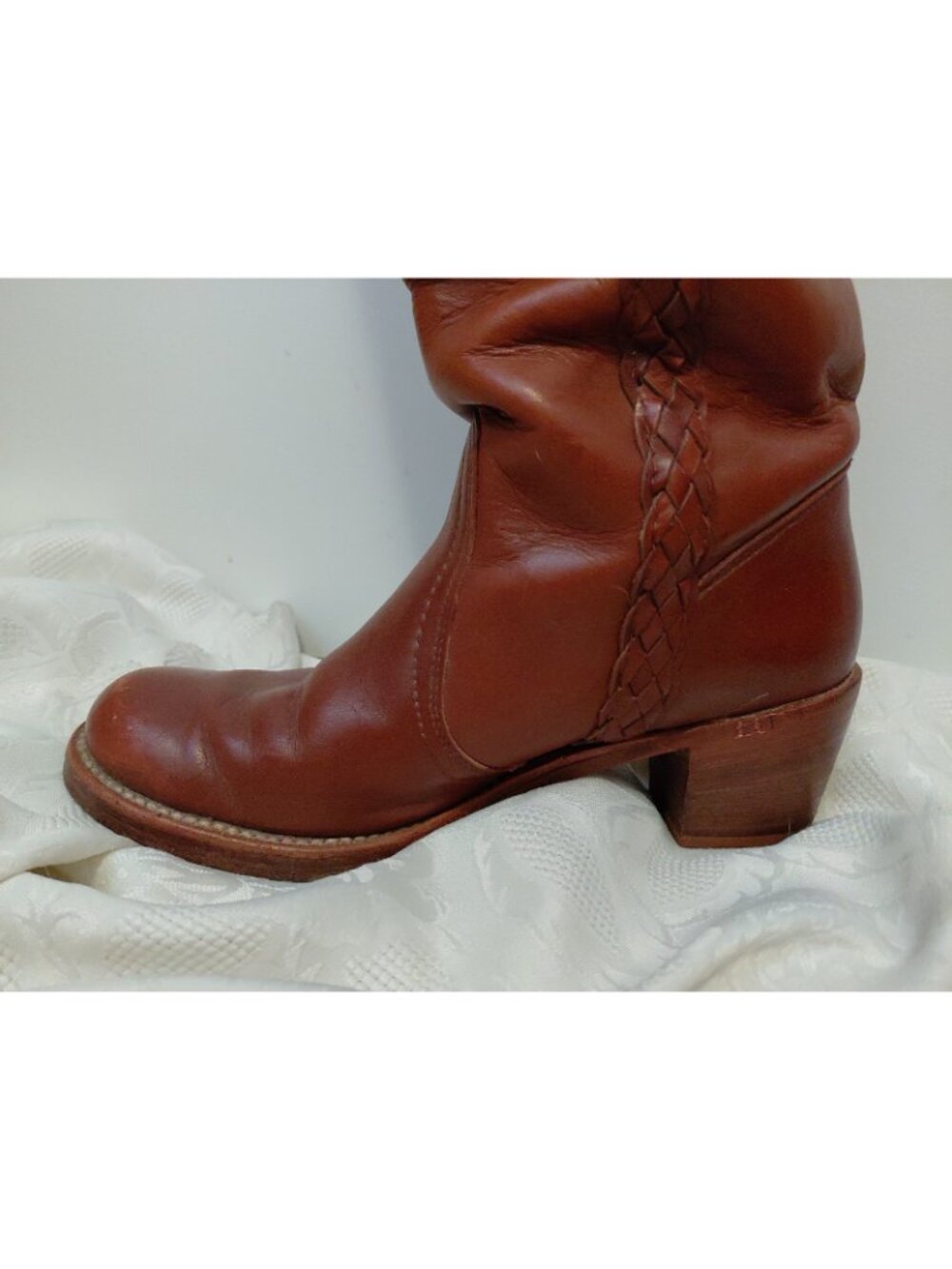 FRYE Vintage 70s Braided Sabrina Campus Boots Tall USA Made Womens 8.5 Brown - Picture 4 of 13